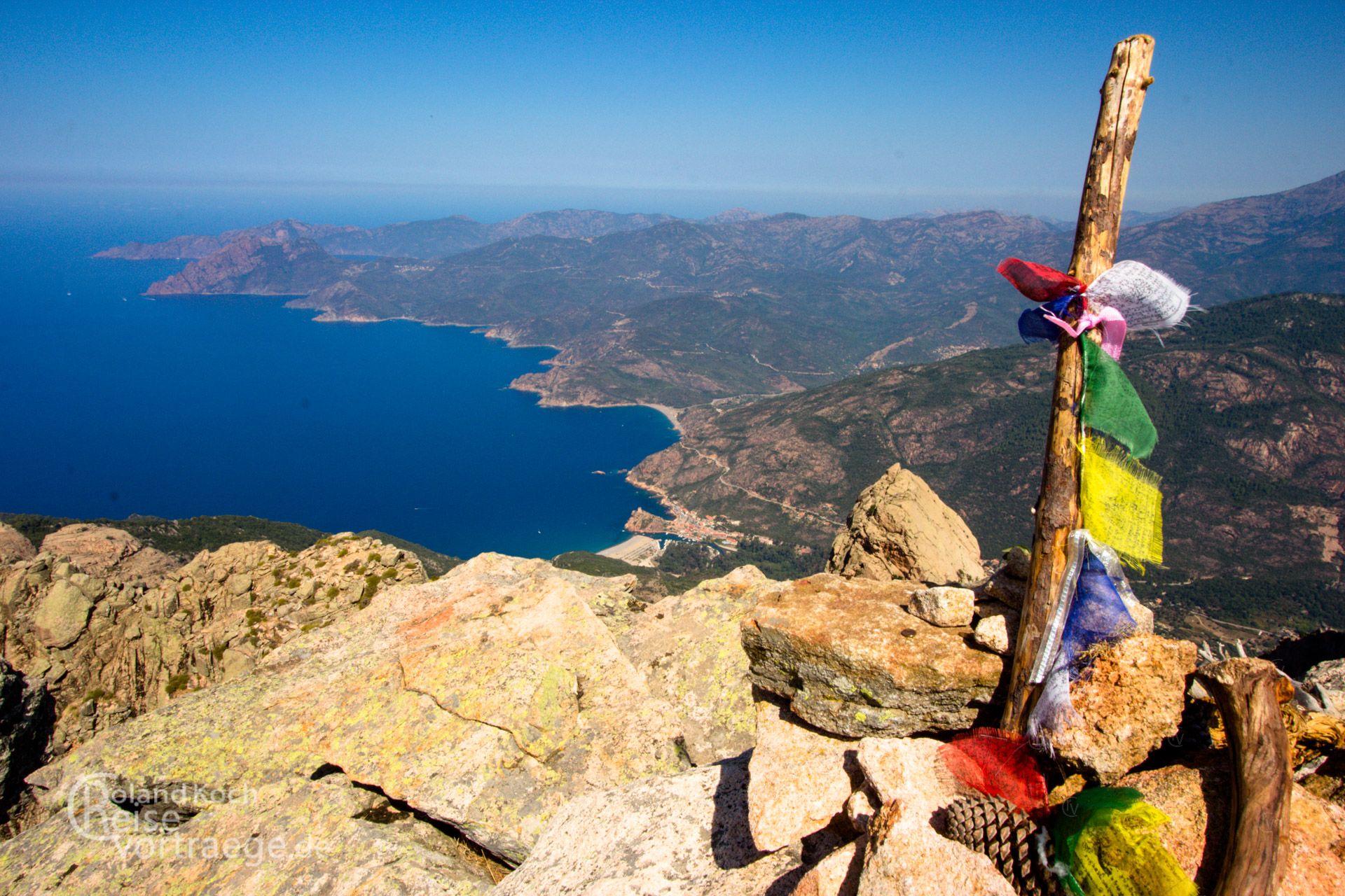 Corsica - summit cross, Capu d Orta, panoramic view of the Gulf of Porto